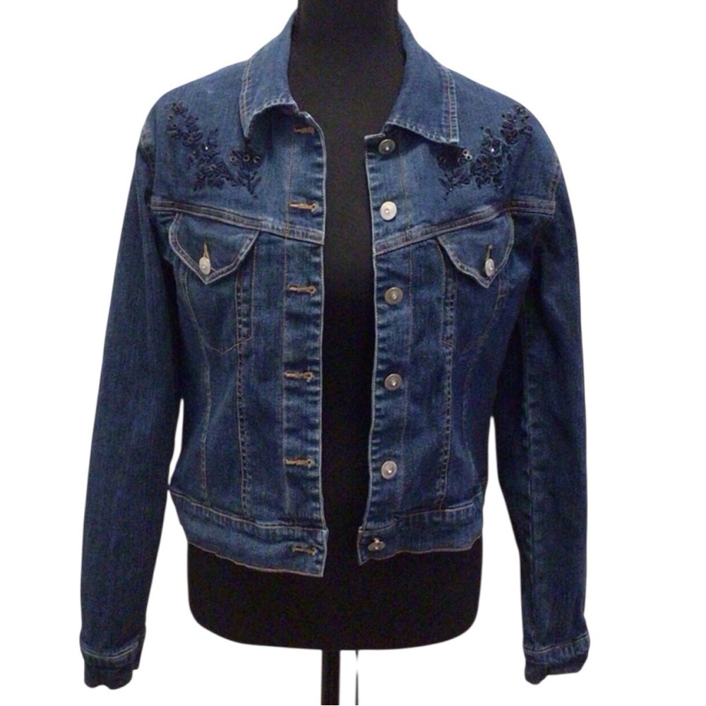 Vintage Andre Sauvage Denim Jacket Size 10 Blue Embroidered Button Front